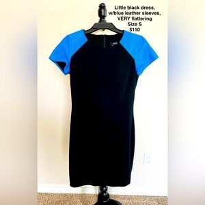 Aqua, women’s mini black dress with blue leather sleeves. Size S $110